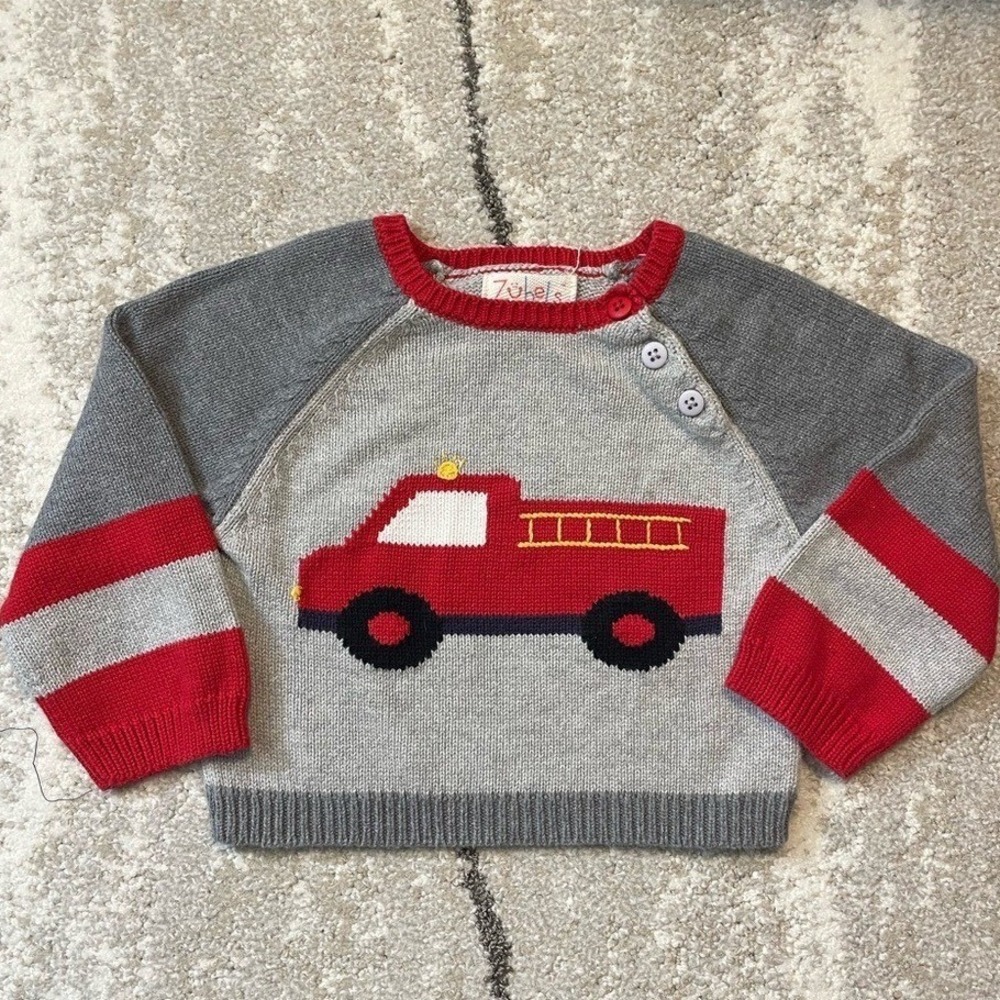 Zubels Boys Hand Knit Fire Truck Sweater Gray Red Cotton Pullover Raglan Sleeves